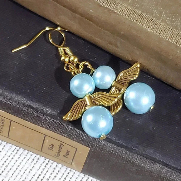 Sustainable Christmas Holiday Angels Gold Plated Light Blue Glass Pearl Earrings - Picture 4 of 9
